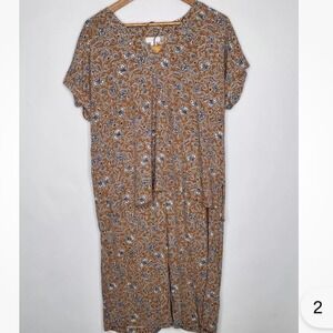 J Jill Sleep Set XL PJ's Floral Print Top & Cropped Pants 2 Piece Brown Blue
